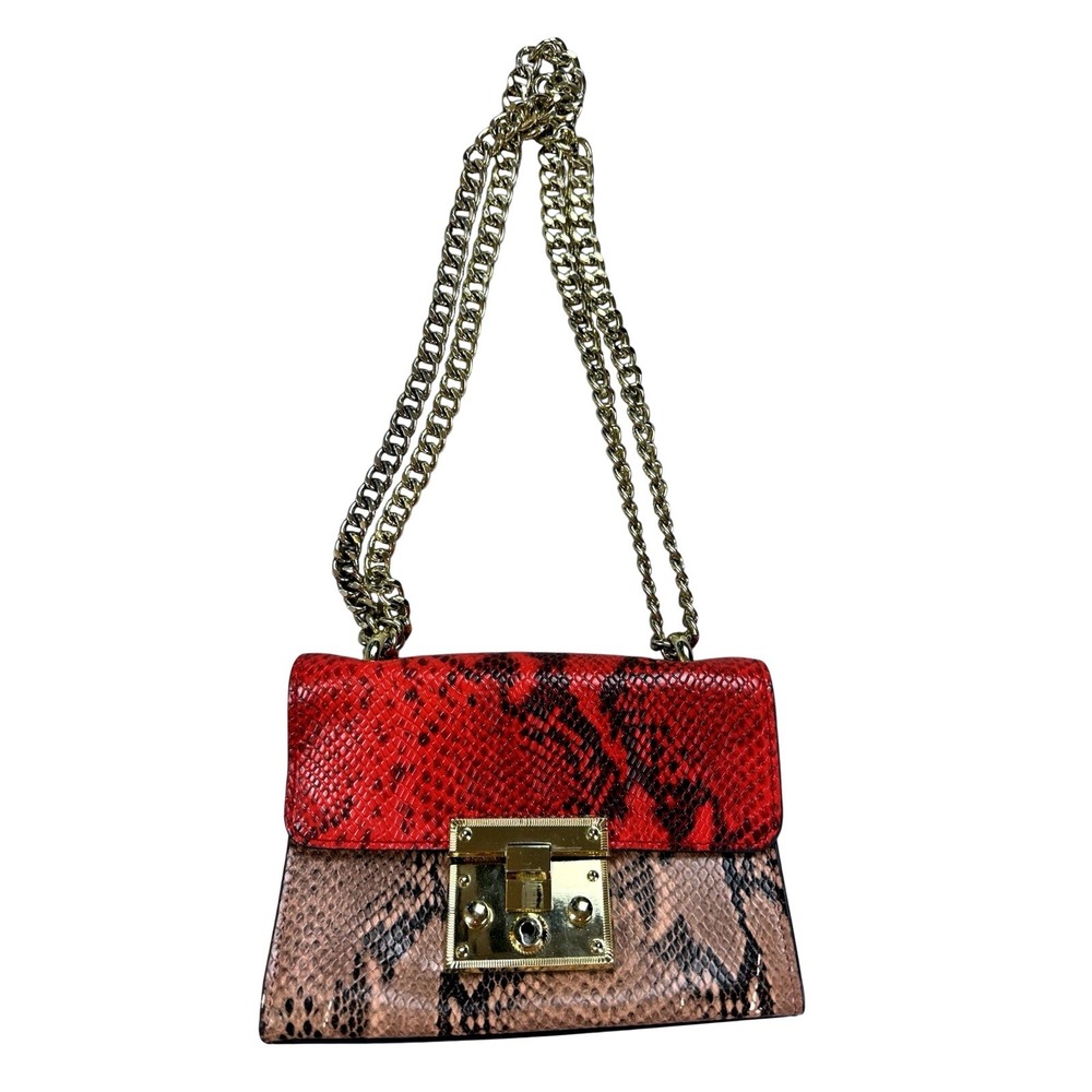 KOOLER Genuine Leather Red Snake Print Crossbody Shoulder Bag‎ Gold Chain